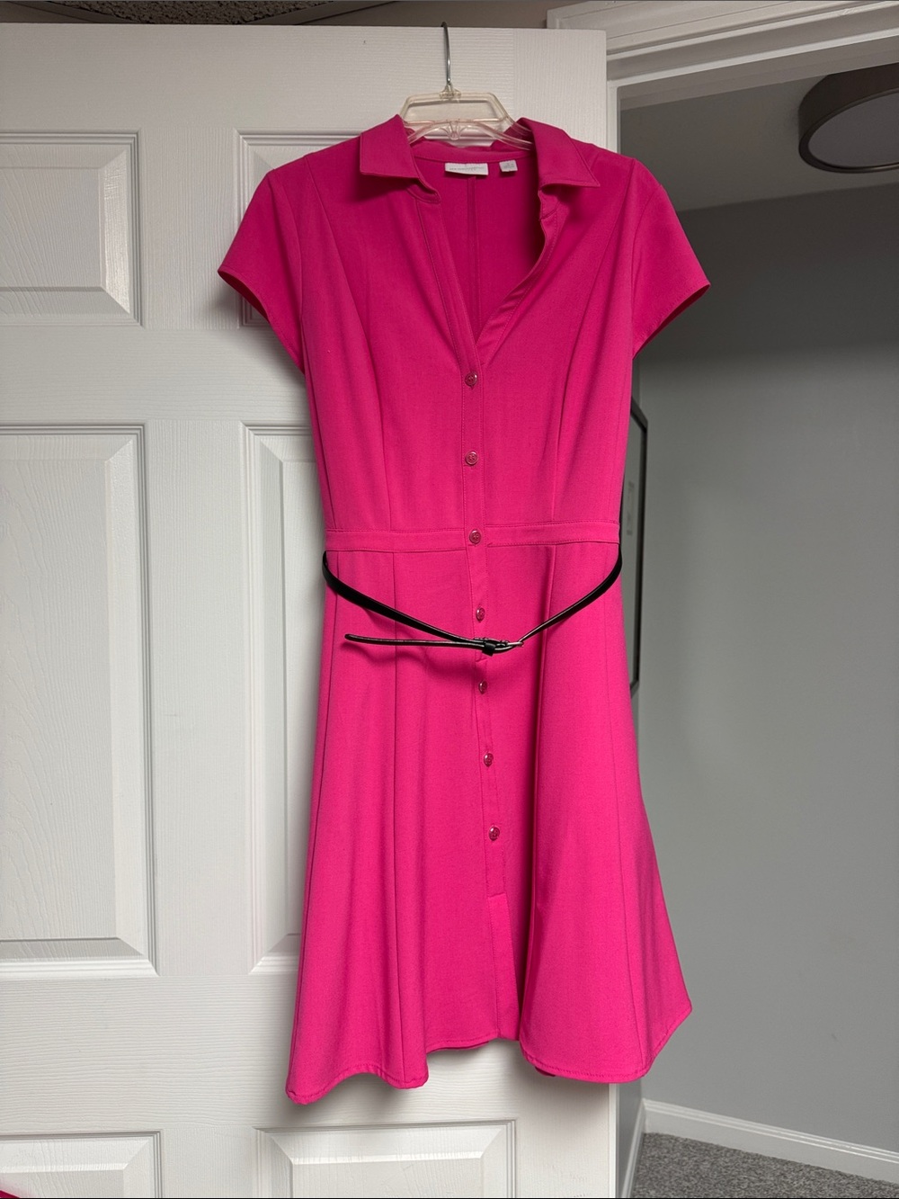 New York & Company Hot Pink Button-Front Mini Dress with Slim Belt